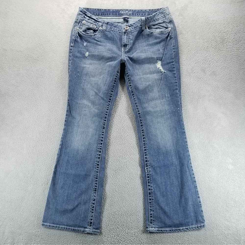 Amethyst Jeans Womens 16 Blue Bootcut Low Rise Distressed Stretch Embroidered